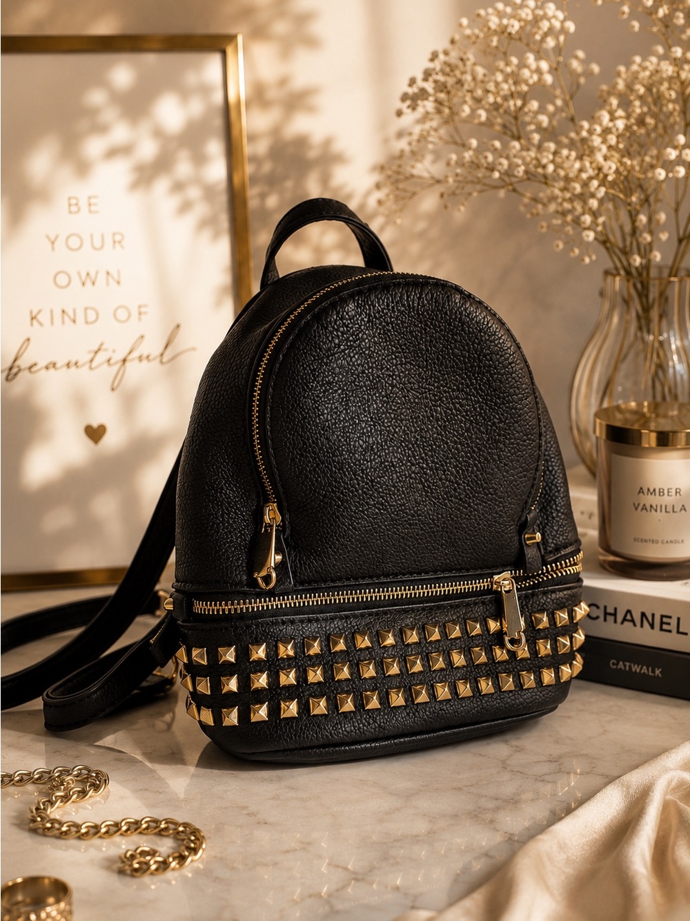 Black Studded Mini Backpack Gold Tone Hardware Edgy Rocker Chic Vegan Leather